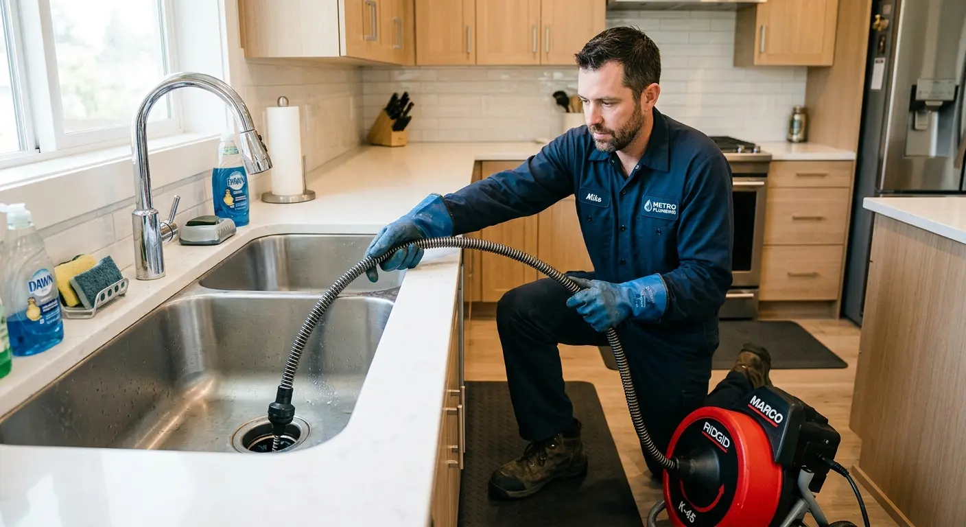 Drain cleaning technician using a motorized snake on a kitchen sink in Carrollton