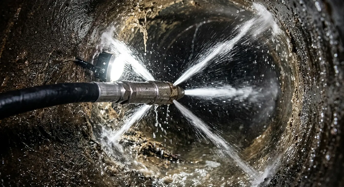 High-pressure hydro jetting nozzle cleaning sewer pipe for Sewer Cleanout in Carrollton