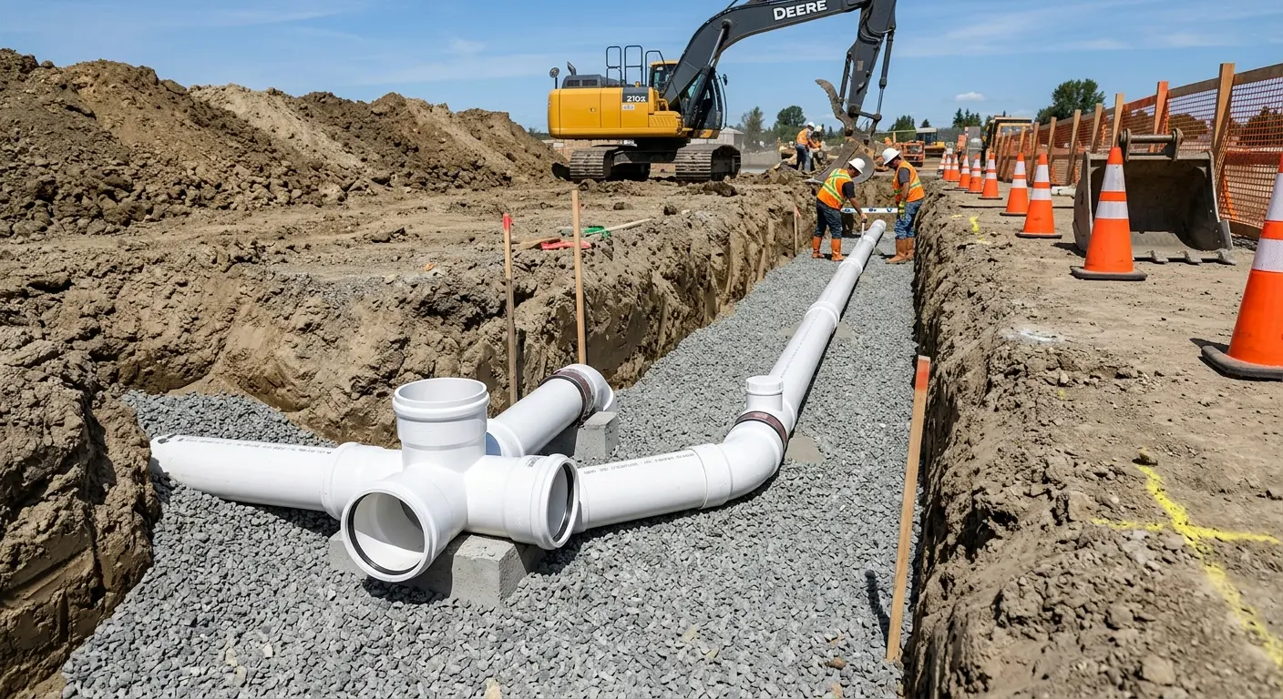 New PVC sewer pipe installation in open trench for Commercial Drain Cleaning in Carrollton
