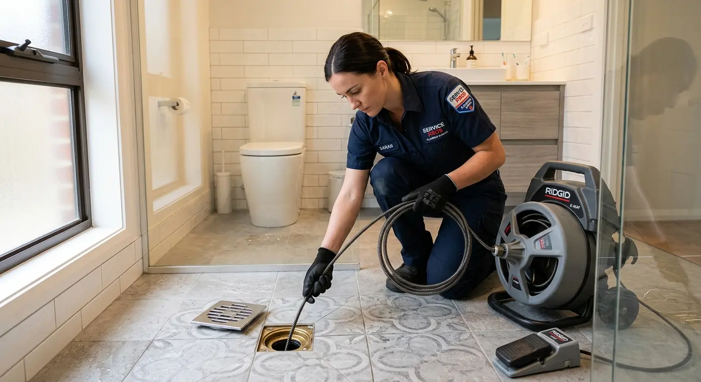 Technician clearing a bathroom floor drain for Sewer Line Replacement in Carrollton